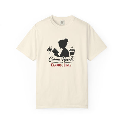 Crime Novels and Carpool Lines T-shirt | Reading Mom Silhouette, Coffee Graphic