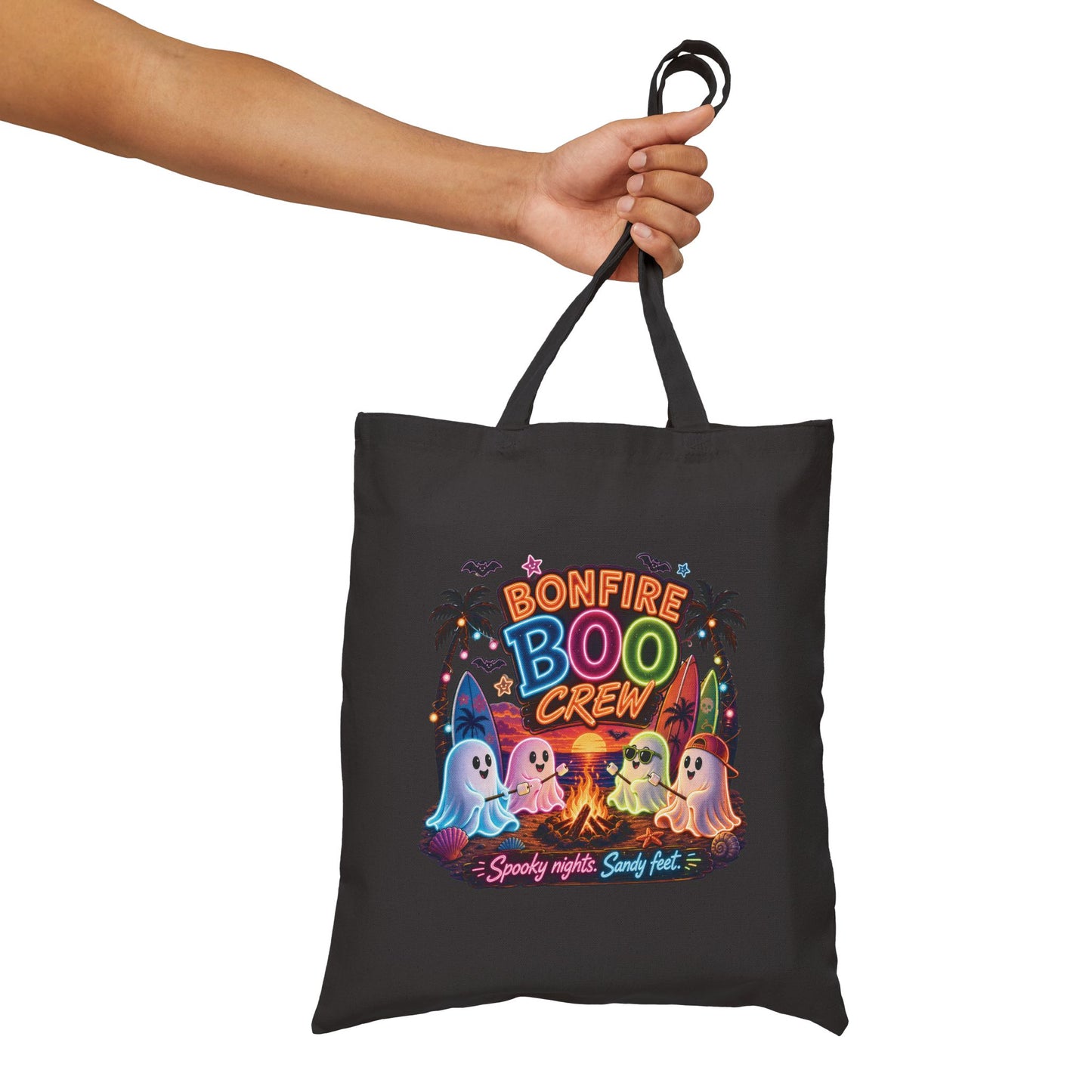Bonfire Boo Crew Tote Bag | Halloween ghosts, campfire spooky beach design