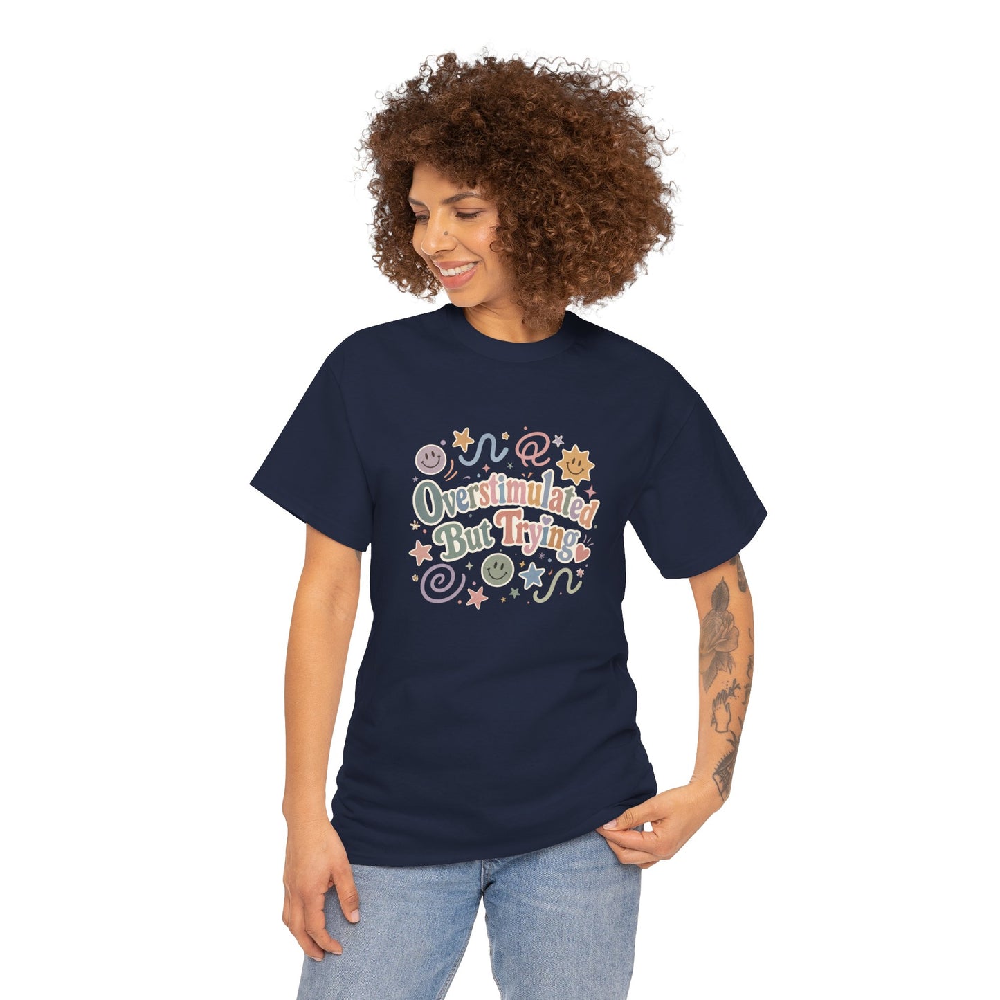Overstimulated But Trying tee | Funny Mental Health Shirt, Cute Retro Doodles