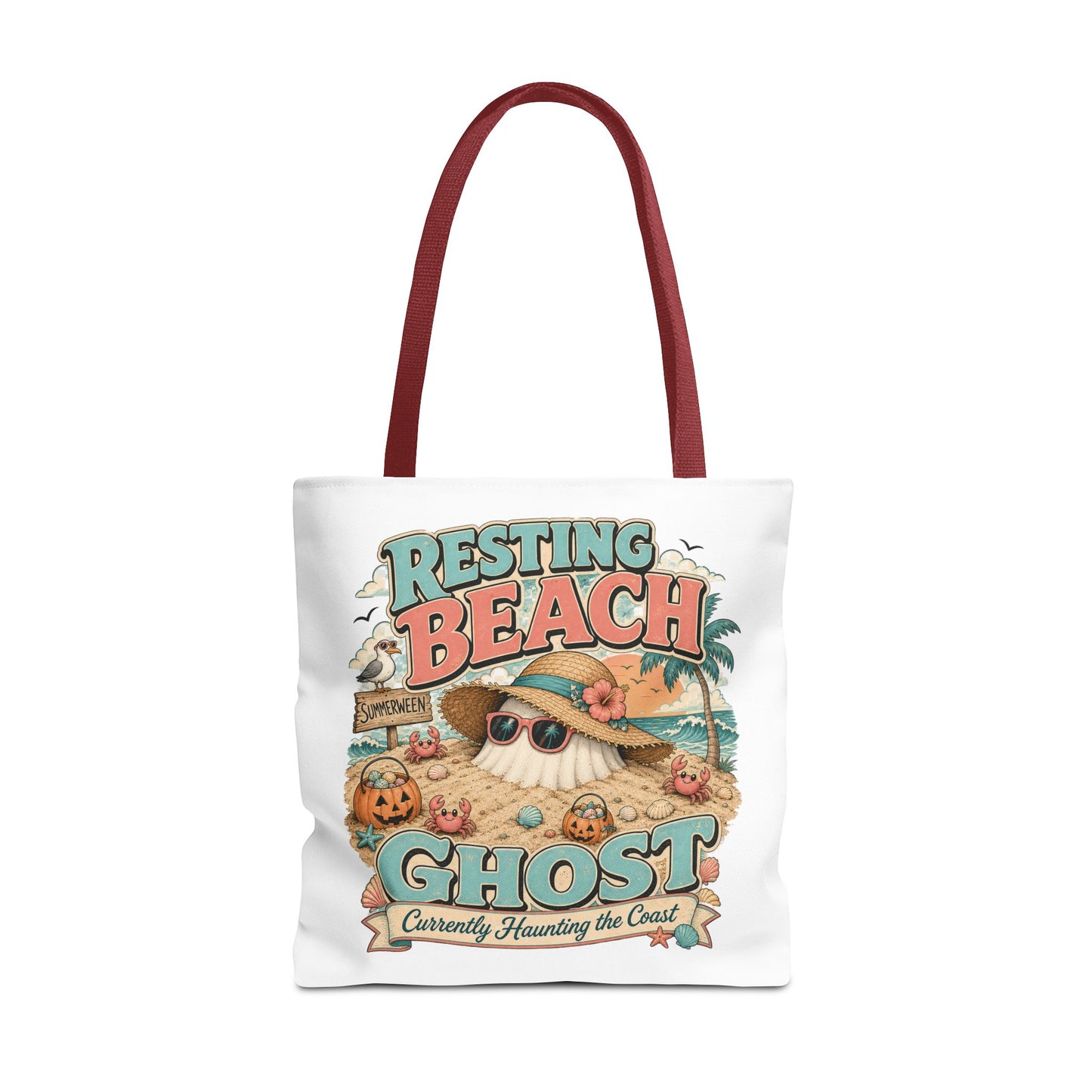 Resting Beach Ghost Tote Bag | Cute Halloween Beach Ghost Illustration