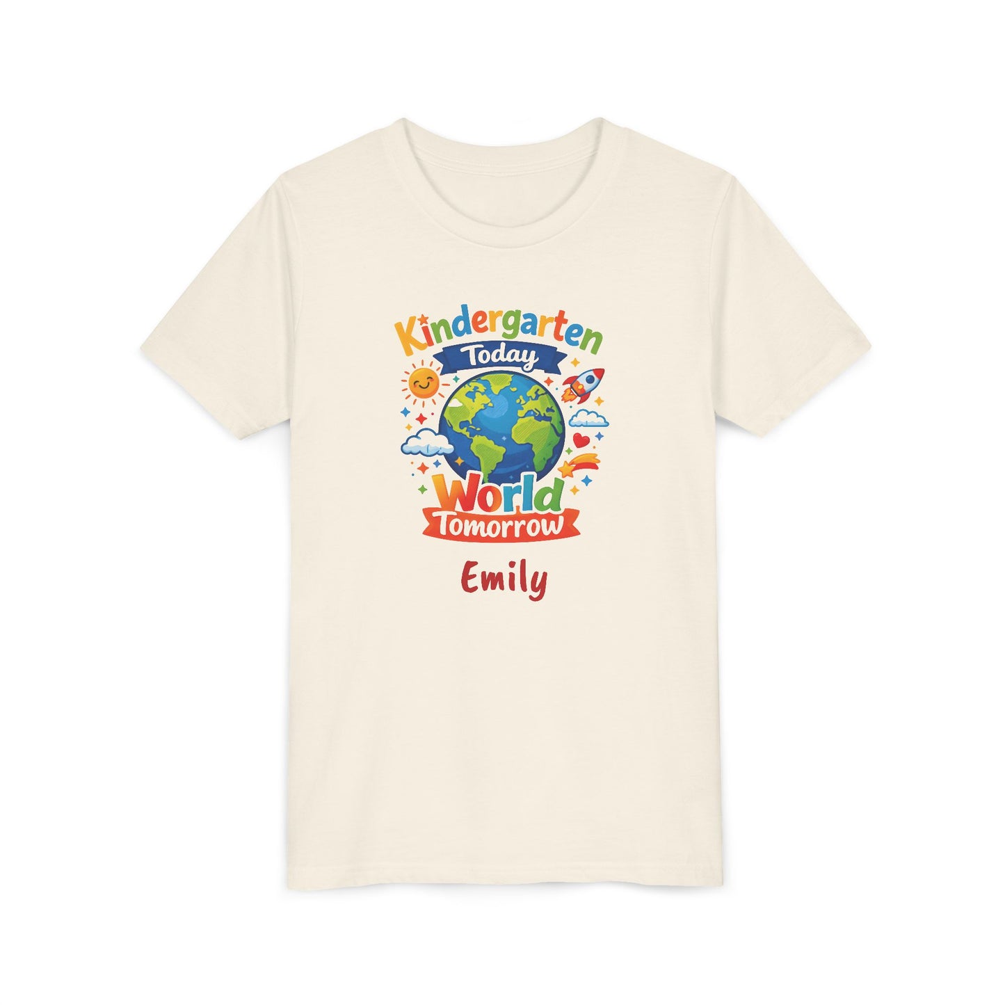 Kindergarten Today World Tomorrow Youth Tee | Personalized Kids Back to School Shirt