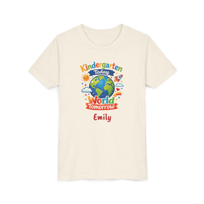 Kindergarten Today World Tomorrow Youth Tee | Personalized Kids Back to School Shirt