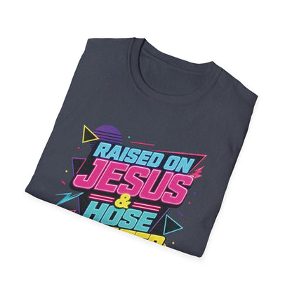 Raised on Jesus & Hose Water T-Shirt | Retro Neon Christian Faith Graphic