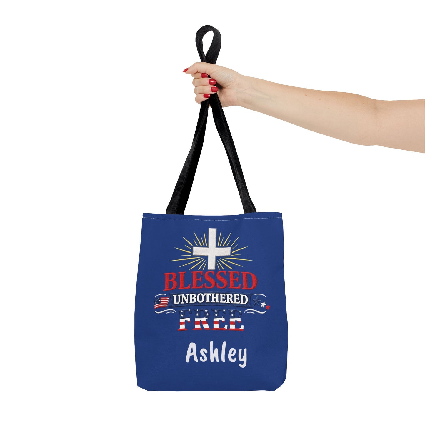 Blessed Unbothered Free Cross tote bag | patriotic faith design