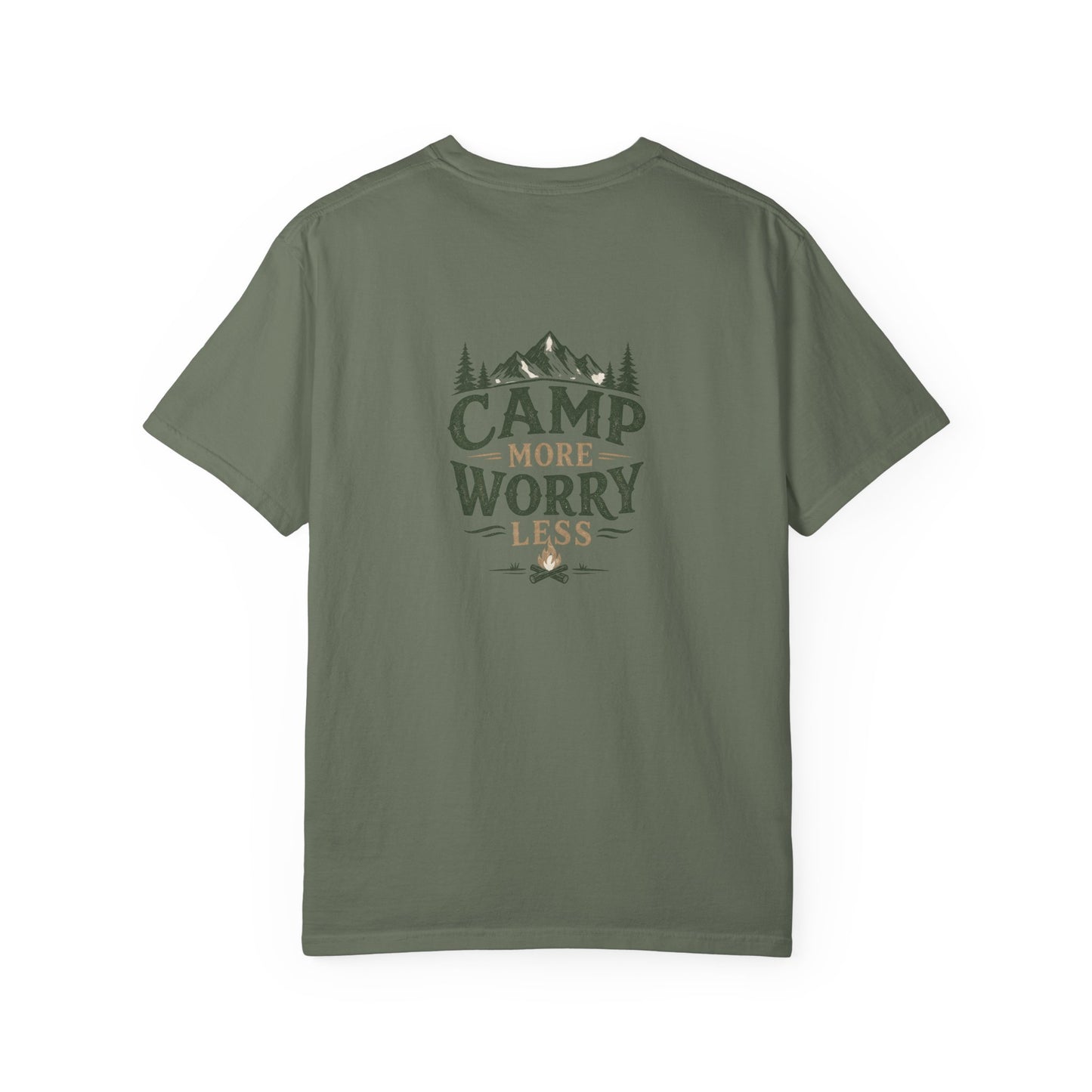 Camp More Worry Less T-shirt | Camping Mountains Pine Trees Design
