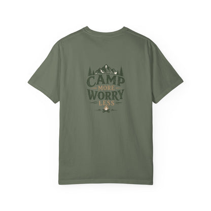 Camp More Worry Less T-shirt | Camping Mountains Pine Trees Design
