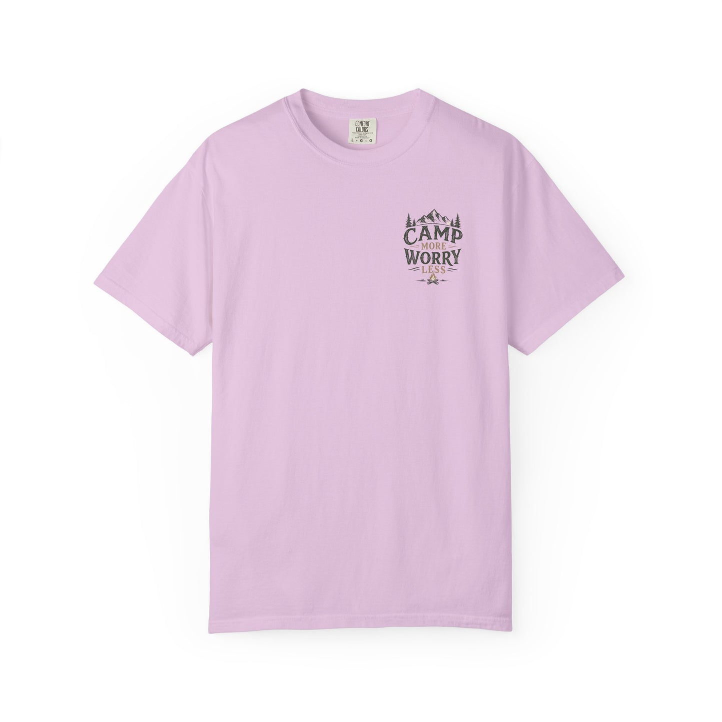 Camp More Worry Less T-shirt | Camping Mountains Pine Trees Design