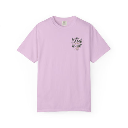 Camp More Worry Less T-shirt | Camping Mountains Pine Trees Design