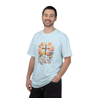 He Is Risen cross sunrise design T-Shirt | Easter faith floral