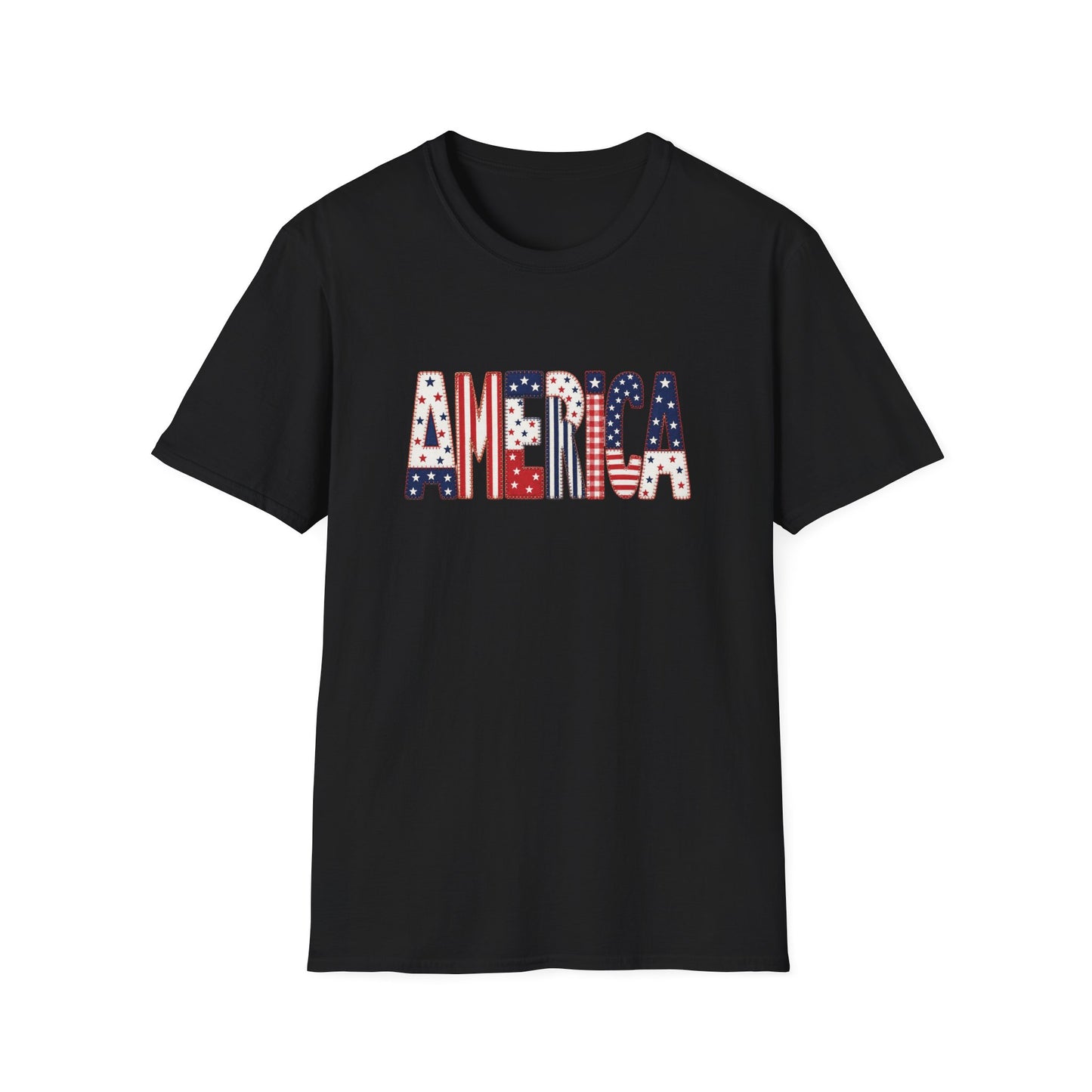 American Flag Patchwork Style Letters T-Shirt | Patriotic Fourth of July Tee