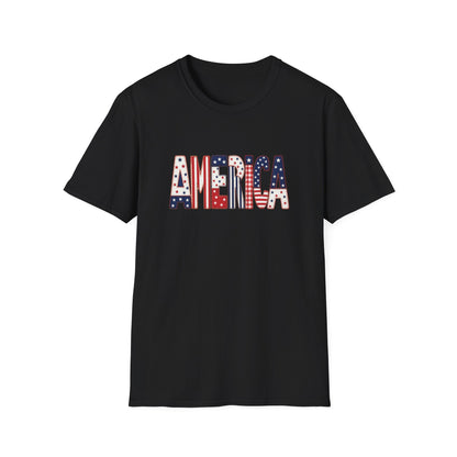American Flag Patchwork Style Letters T-Shirt | Patriotic Fourth of July Tee