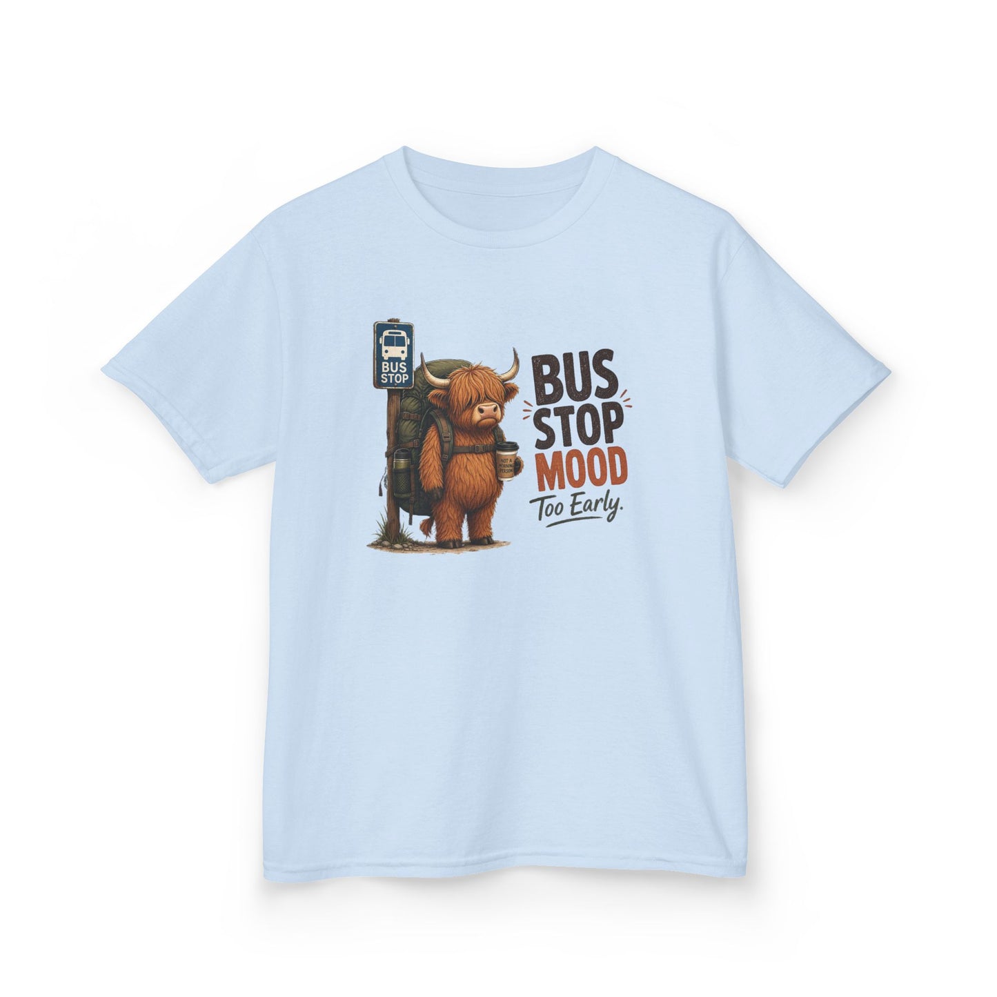 Bus Stop Mood Kids Tee | Grumpy Highland Cow Illustration, Funny Morning Shirt