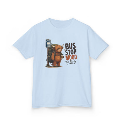 Bus Stop Mood Kids Tee | Grumpy Highland Cow Illustration, Funny Morning Shirt