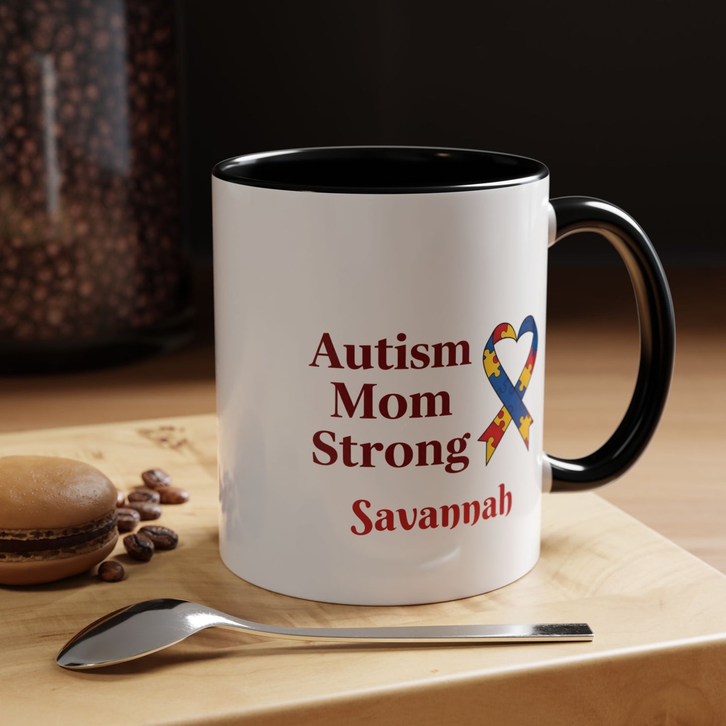 Autism Mom Strong mug | Accent Coffee Mug with Puzzle Ribbon