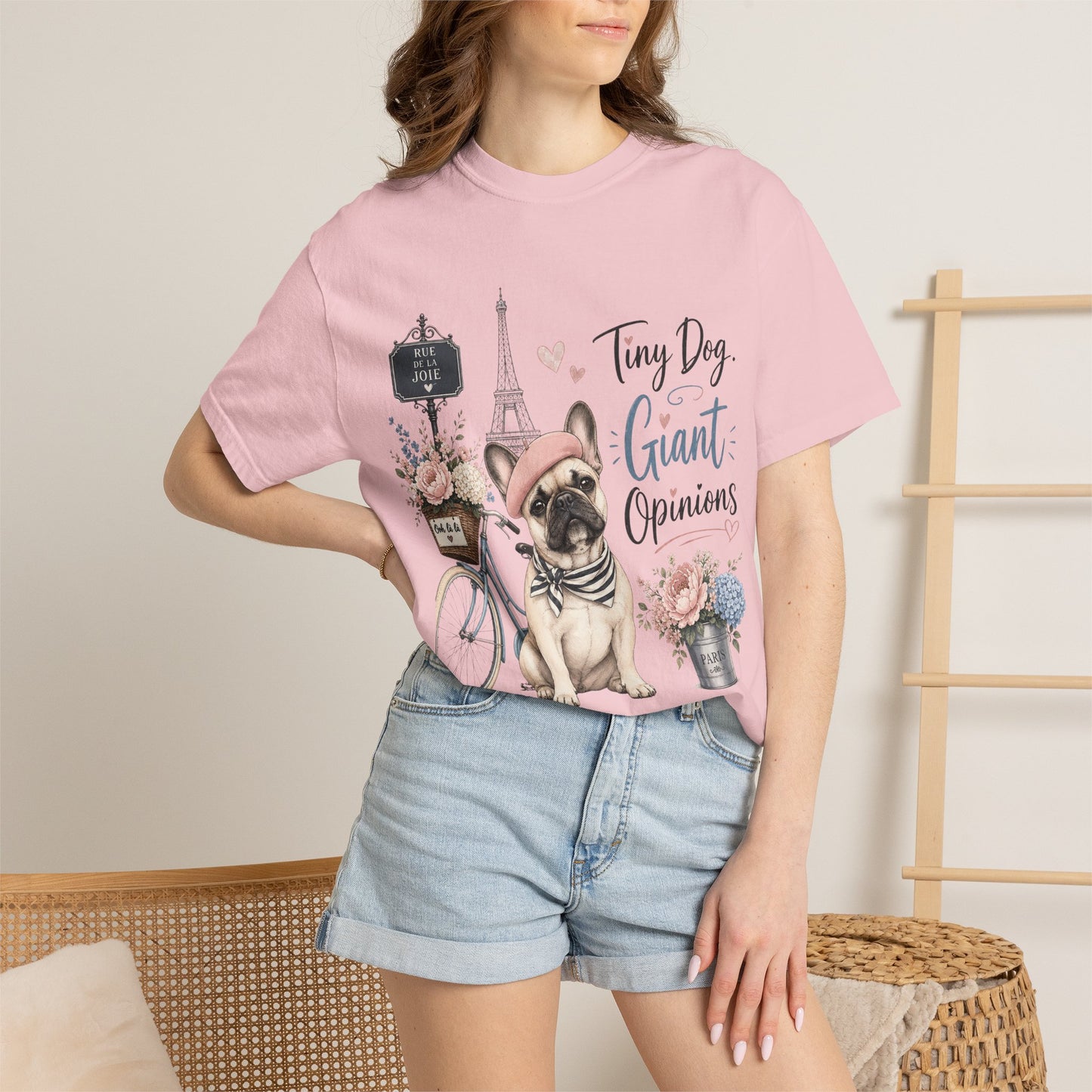 Tiny Dog, Giant Opinions T-shirt | French Bulldog Paris Design