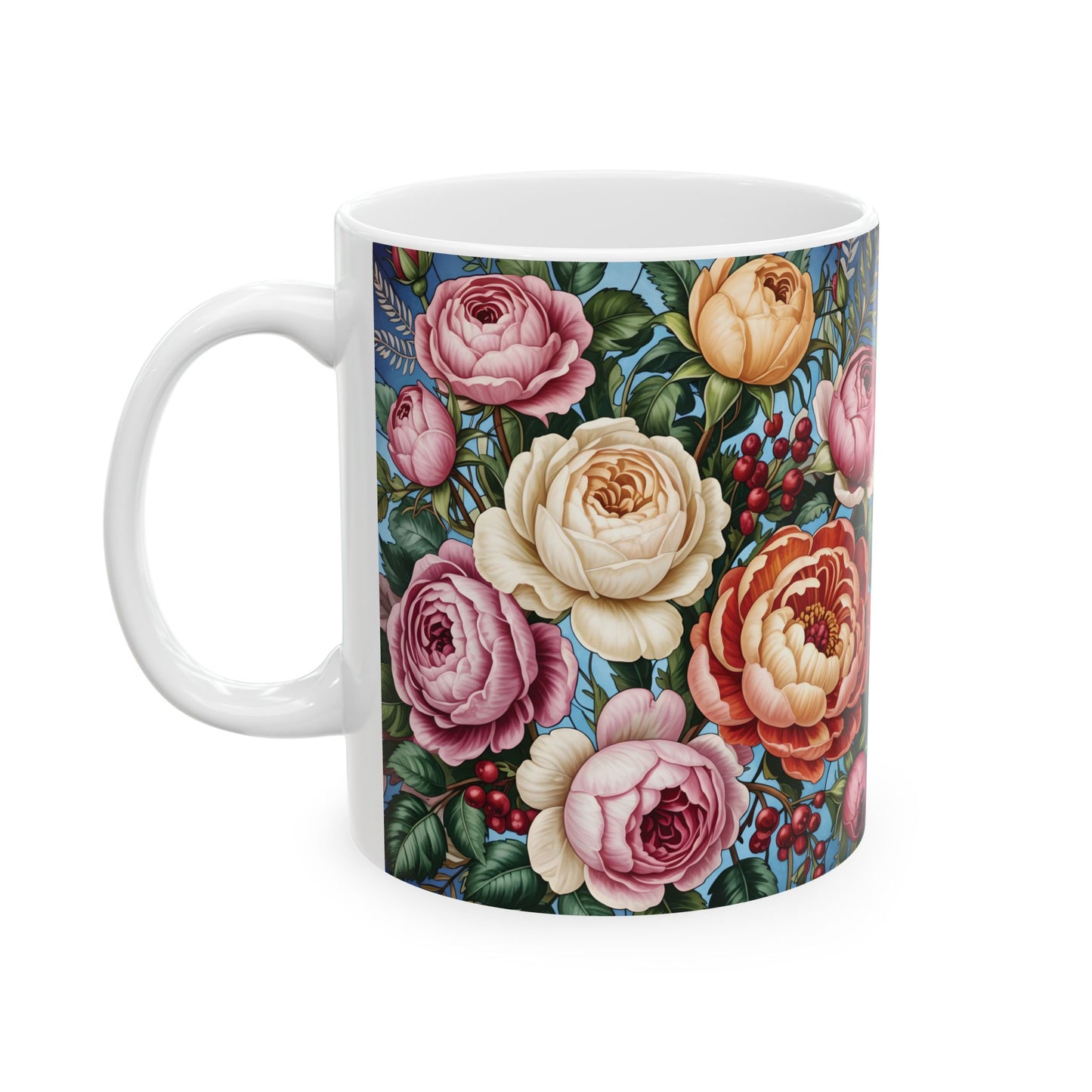 Vintage Rose Floral Pattern Mug | Ceramic Coffee Cup, Botanical Peonies