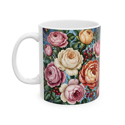 Vintage Rose Floral Pattern Mug | Ceramic Coffee Cup, Botanical Peonies