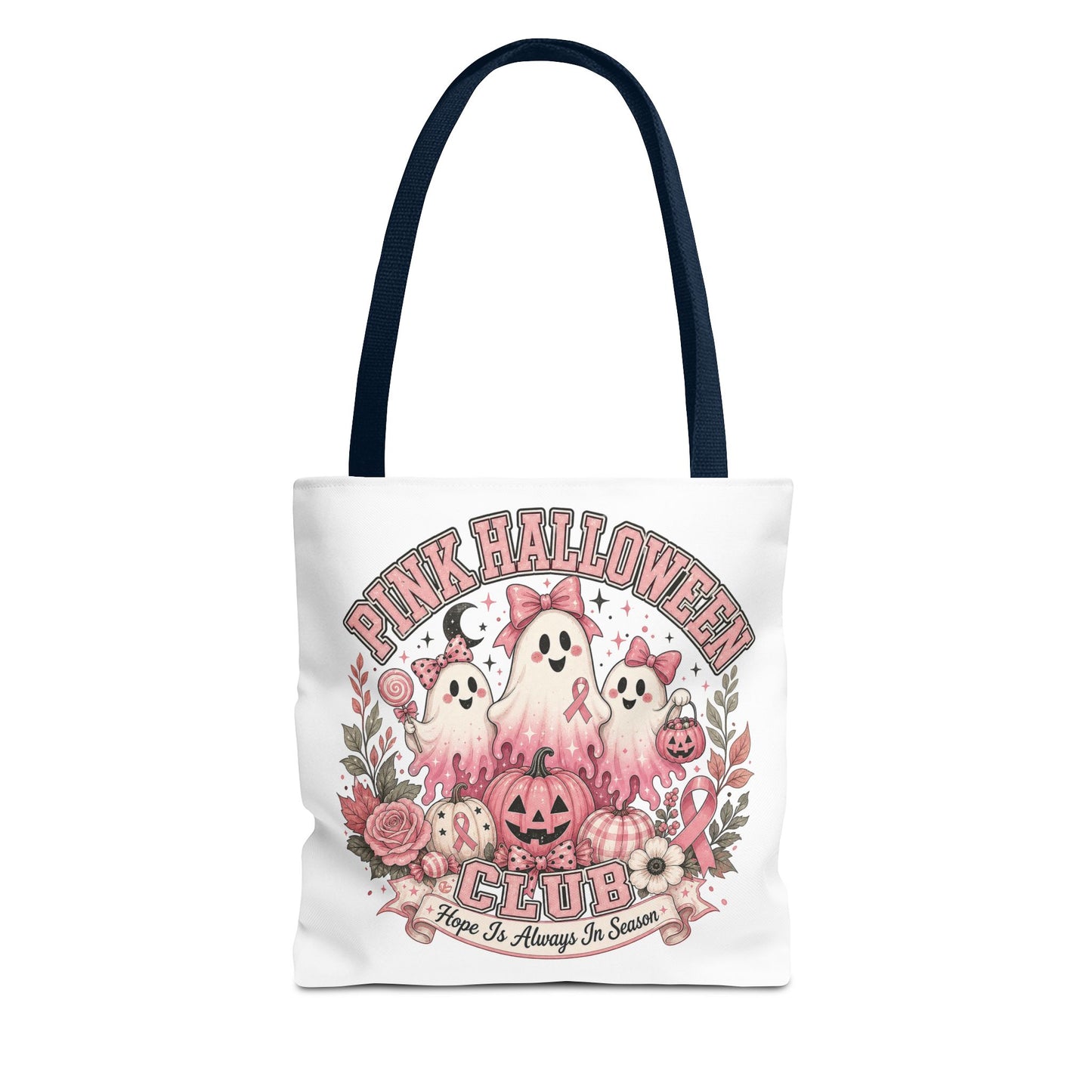 Breast Cancer Awareness Pink Halloween Club ghost trio tote bag | spooky floral pumpkin design