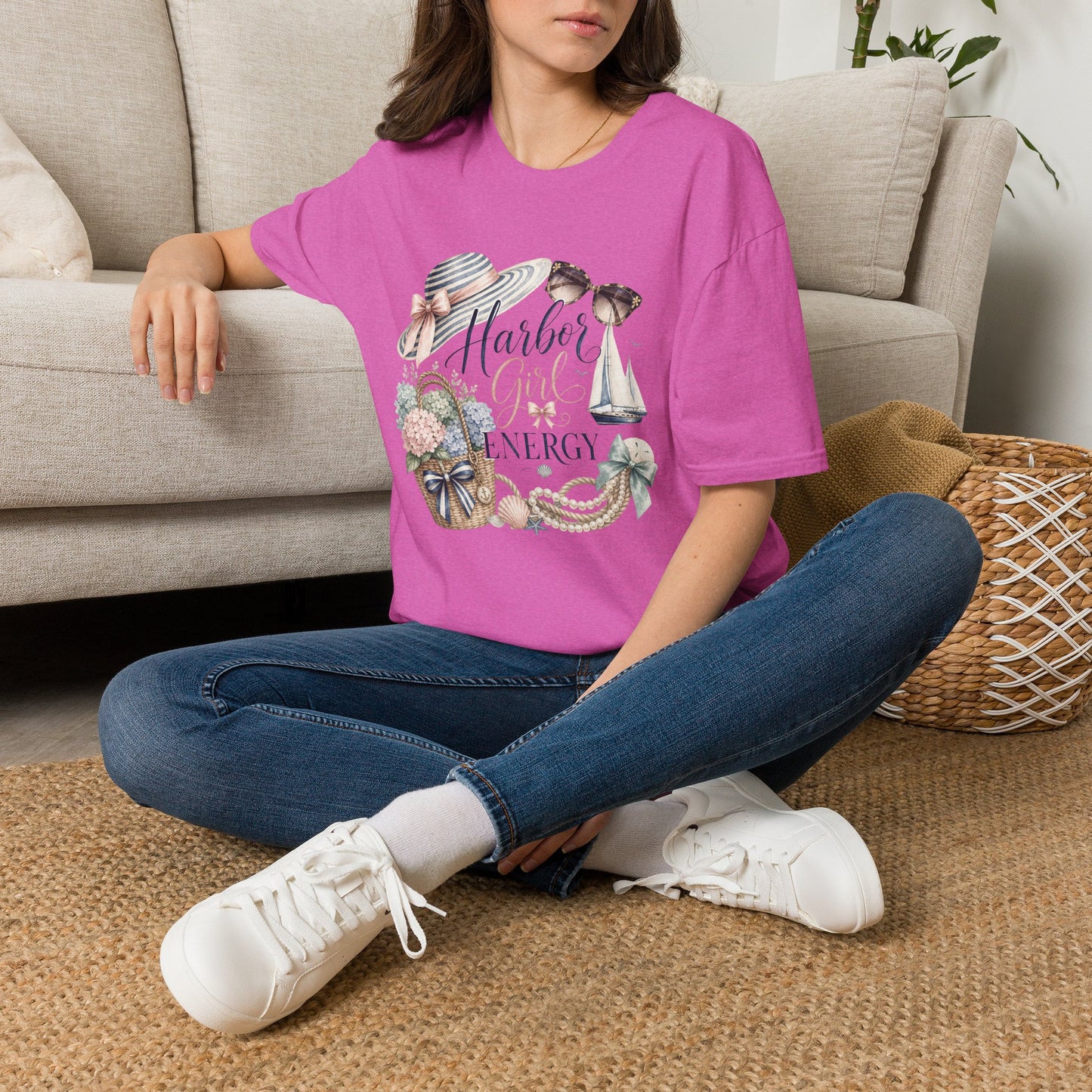 Harbor Girl illustration T-Shirt | Nautical hat, sailboat, seashells