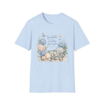 Seashells & Sunday Hydrangeas T-Shirt | Floral Coastal Cottage Shirt
