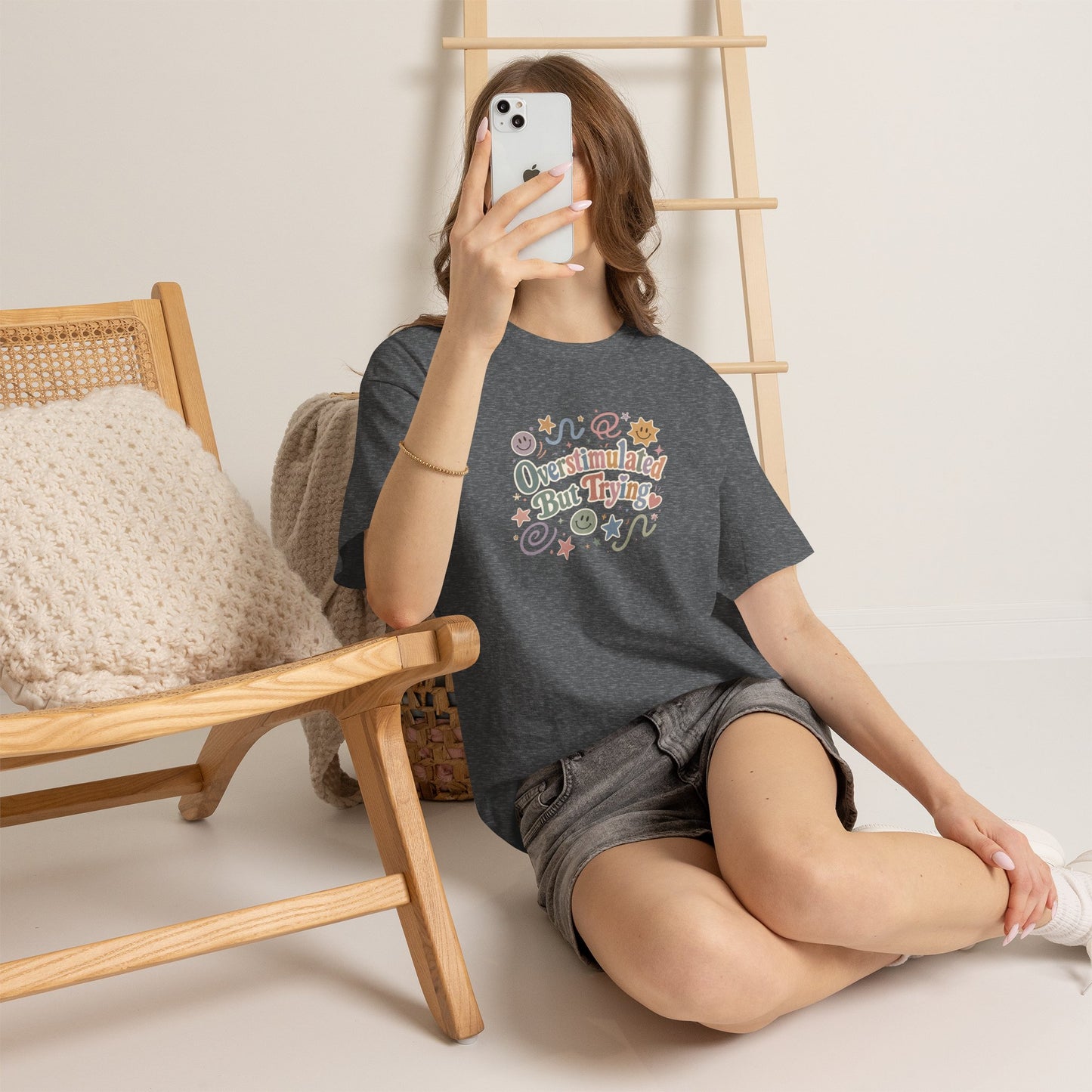 Overstimulated But Trying tee | Funny Mental Health Shirt, Cute Retro Doodles