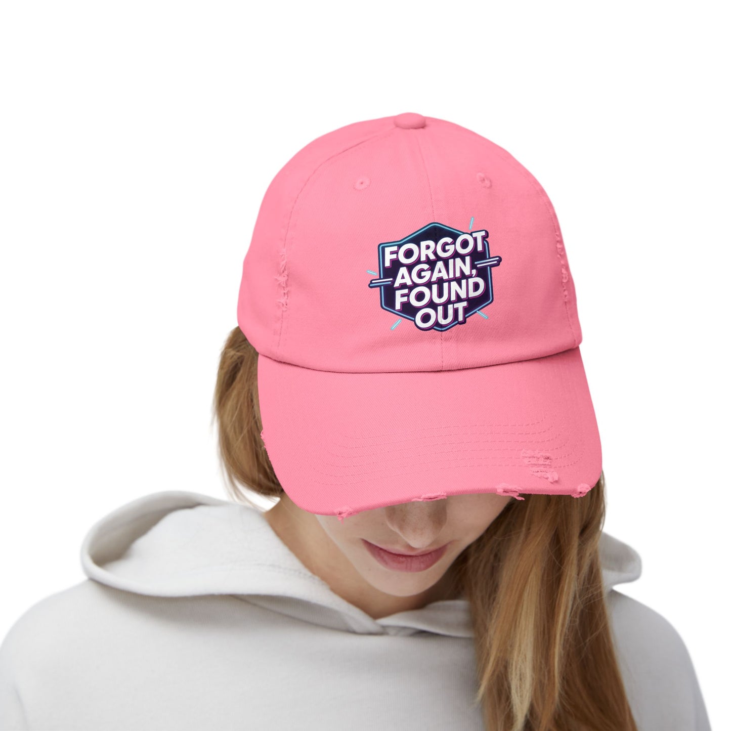 Unisex Distressed Cap with 'Forgot Again, Found Out' Design | Trendy Casual Hat | Gift for Friends | Summer Accessory | Everyday Wear