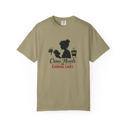 Crime Novels and Carpool Lines T-shirt | Reading Mom Silhouette, Coffee Graphic