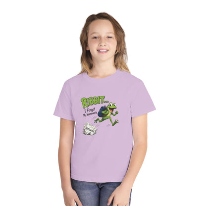 Ribbit Frog Character Youth Tee | Funny Forgot My Homework Design