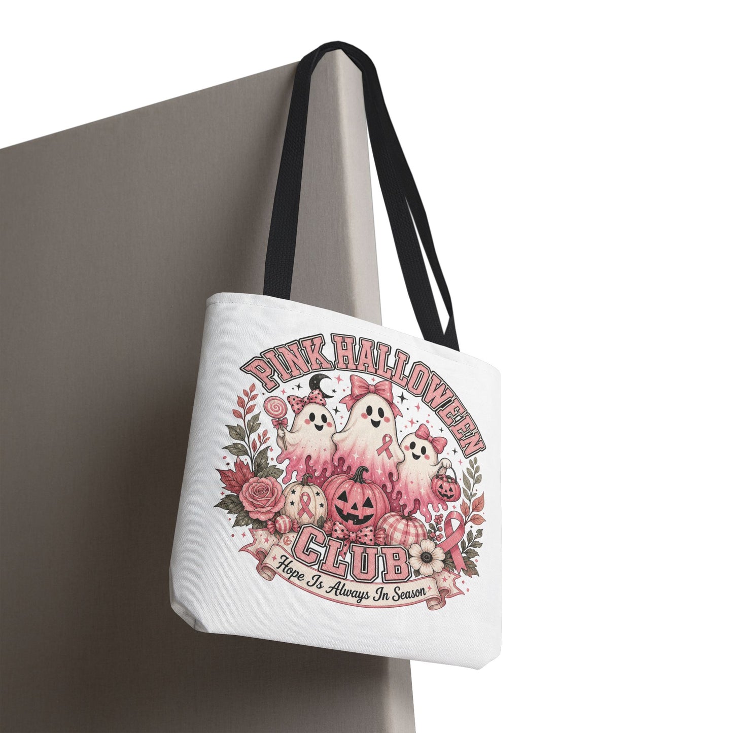 Breast Cancer Awareness Pink Halloween Club ghost trio tote bag | spooky floral pumpkin design