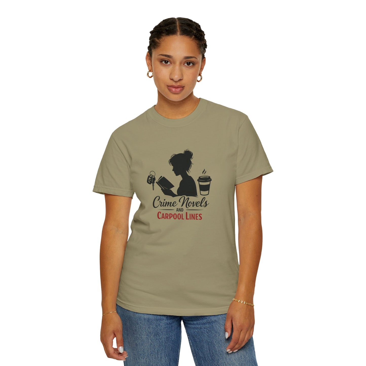 Crime Novels and Carpool Lines T-shirt | Reading Mom Silhouette, Coffee Graphic