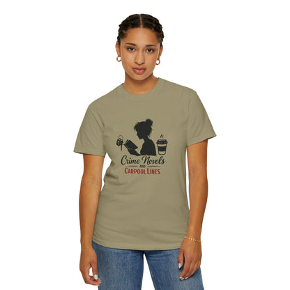 Crime Novels and Carpool Lines T-shirt | Reading Mom Silhouette, Coffee Graphic