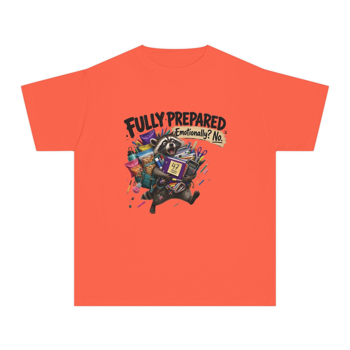 Fully Prepared Raccoon Supplies T-Shirt | Funny Back-to-School Kids Tee