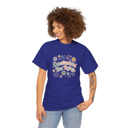 Overstimulated But Trying tee | Funny Mental Health Shirt, Cute Retro Doodles
