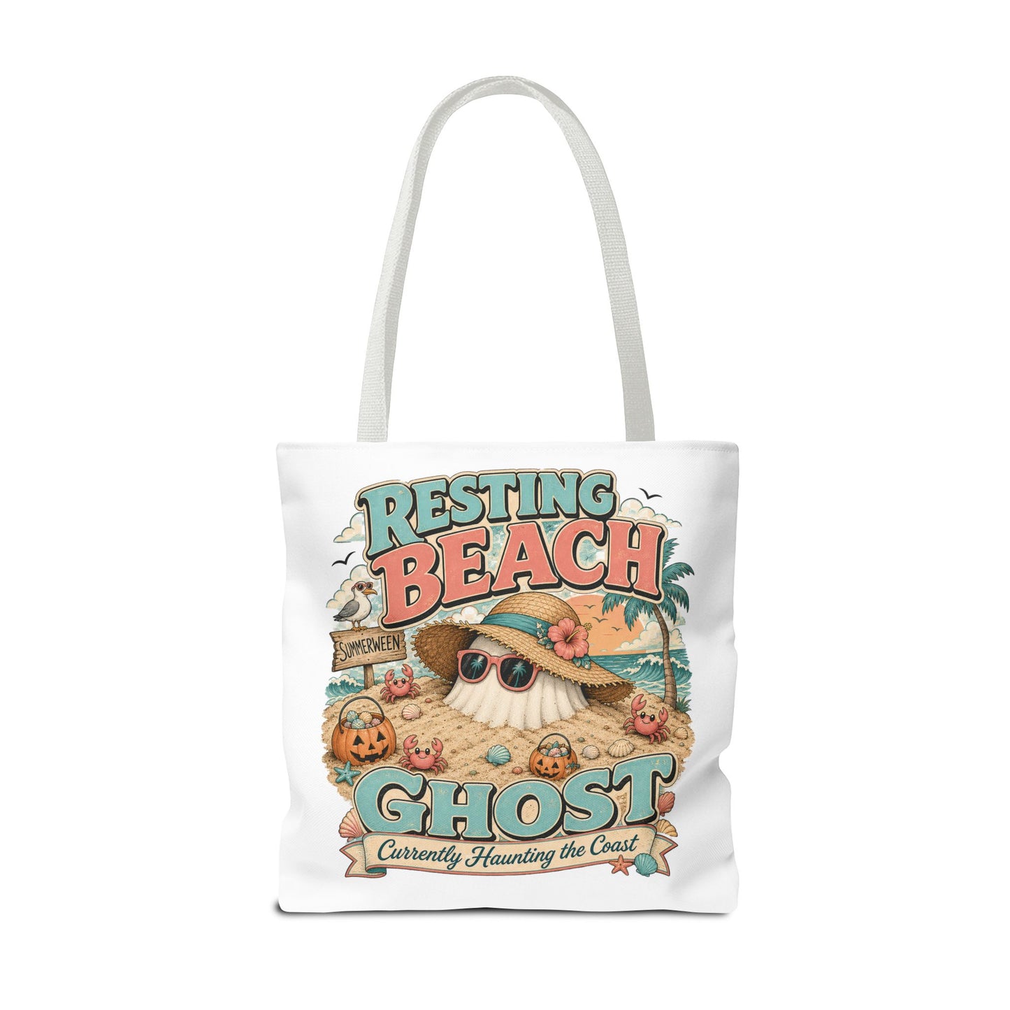 Resting Beach Ghost Tote Bag | Halloween Beach Ghost Illustration