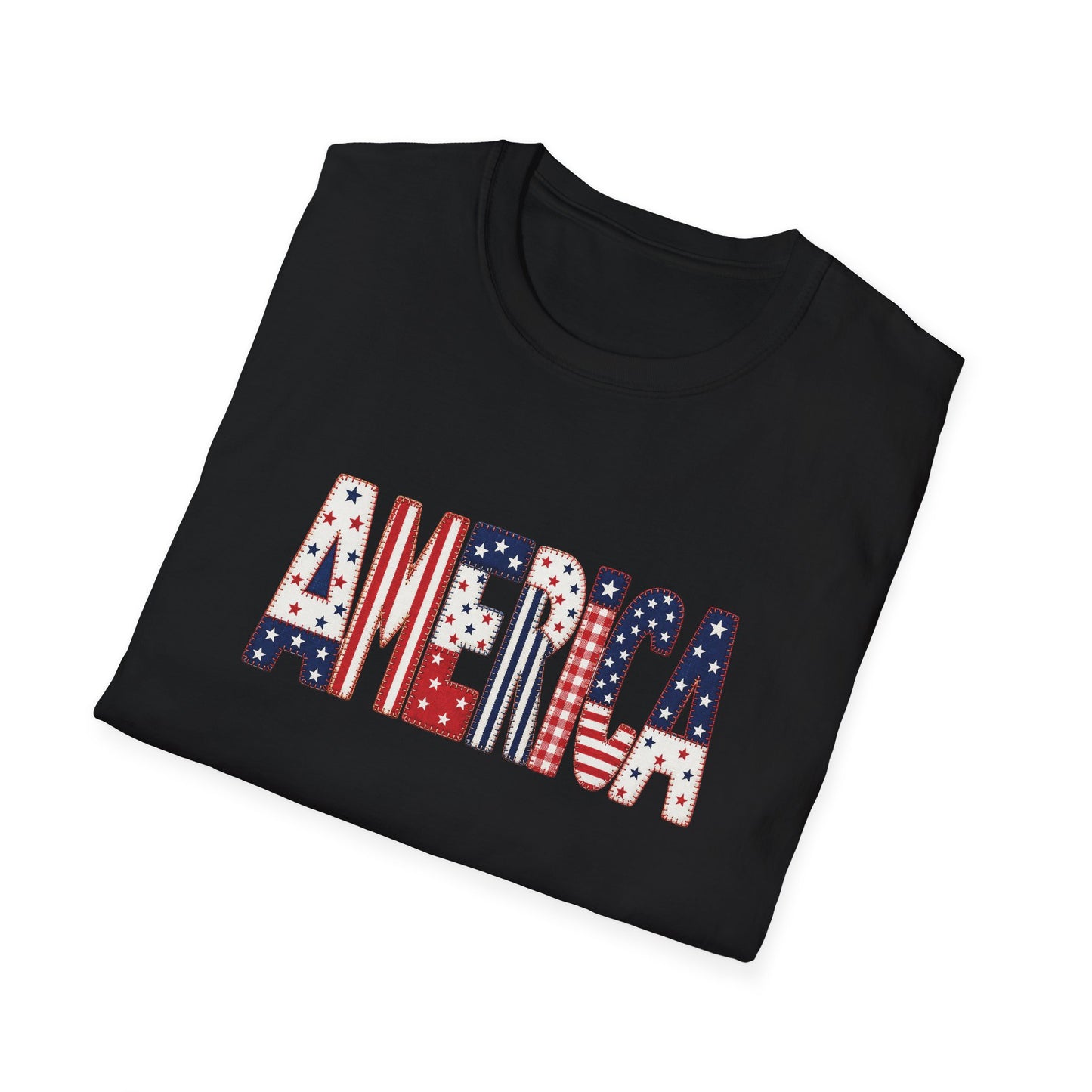 American Flag Patchwork Style Letters T-Shirt | Patriotic Fourth of July Tee