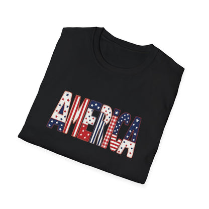 American Flag Patchwork Style Letters T-Shirt | Patriotic Fourth of July Tee