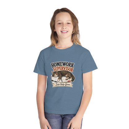 Homework Supervisor Cat Youth Tee | "Zero Help Given" retro kitten design