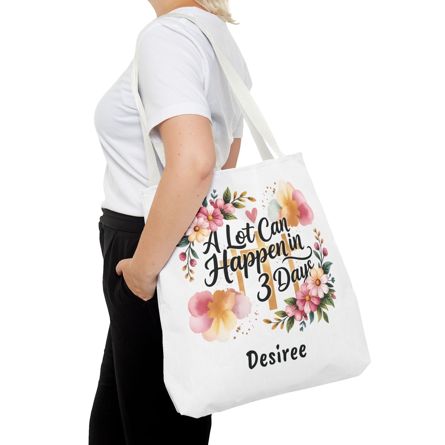 A Lot Can Happen in 3 Days Easter Faith Tote Bag | Floral Script Personalized Name