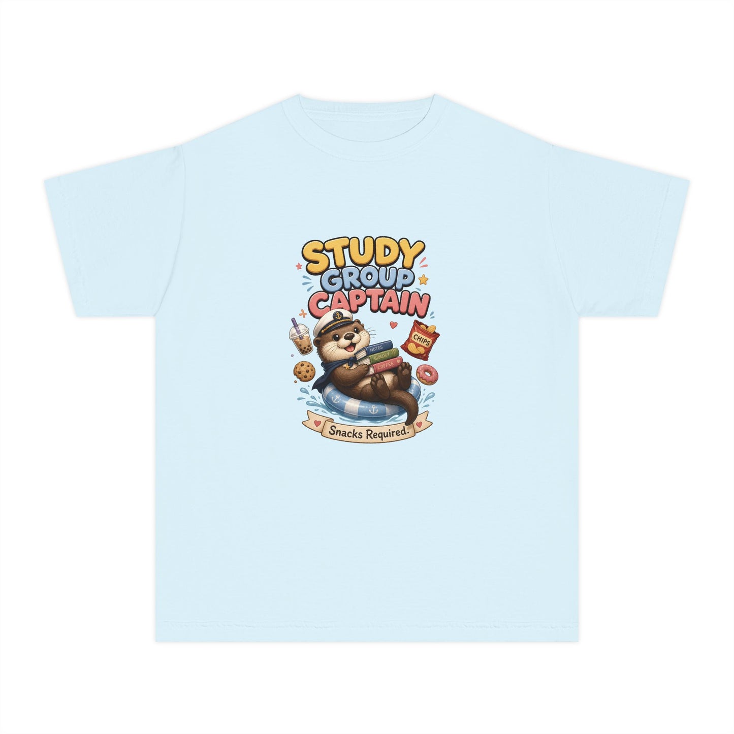 Study Group Captain Youth Tee | Sloth Studying Snacks Graphic