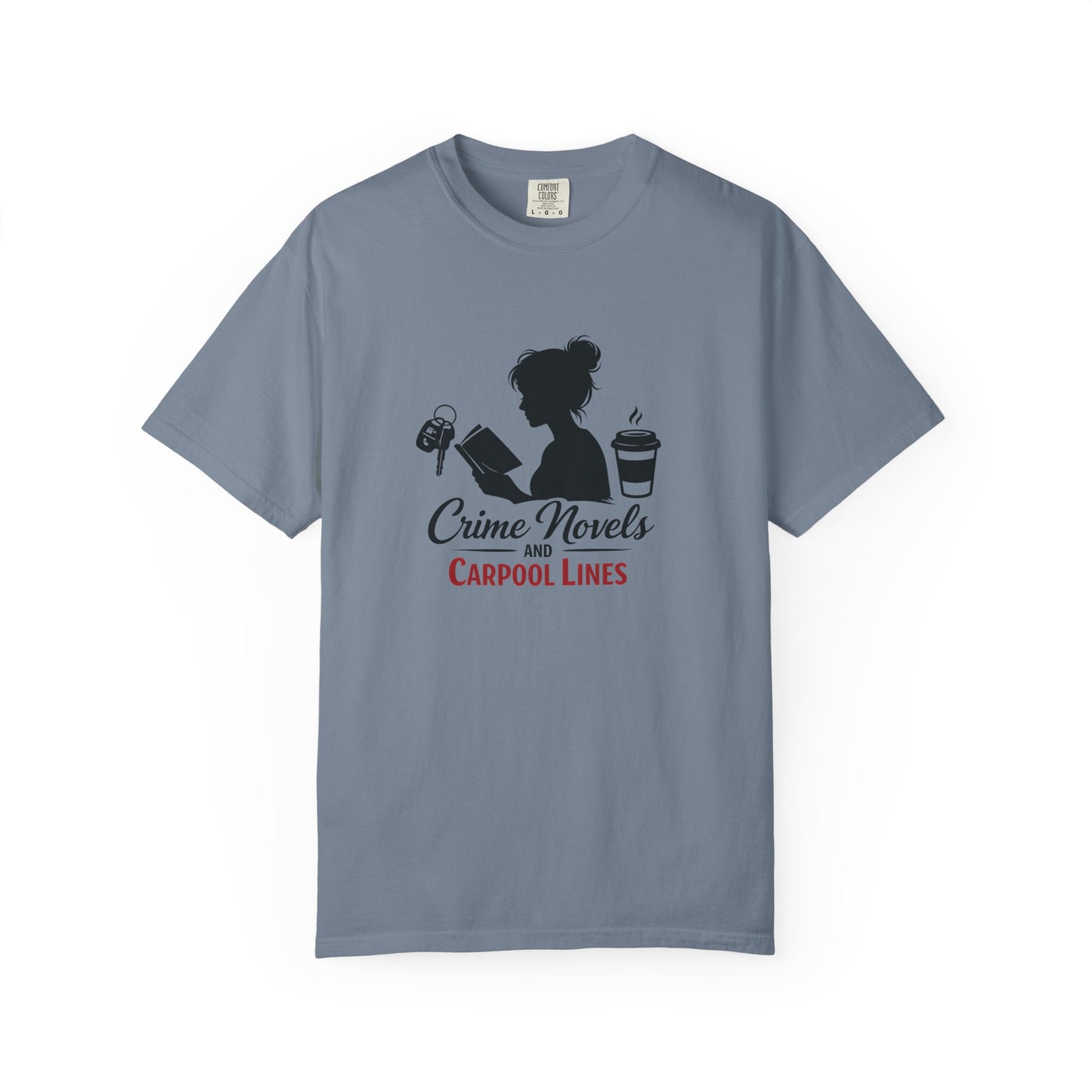 Crime Novels and Carpool Lines T-shirt | Reading Mom Silhouette, Coffee Graphic