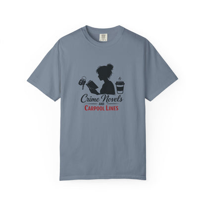 Crime Novels and Carpool Lines T-shirt | Reading Mom Silhouette, Coffee Graphic