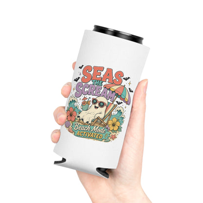Seas the Scream ghost beach scene Can Cooler | Beach Mode Activated, Tropical Flowers