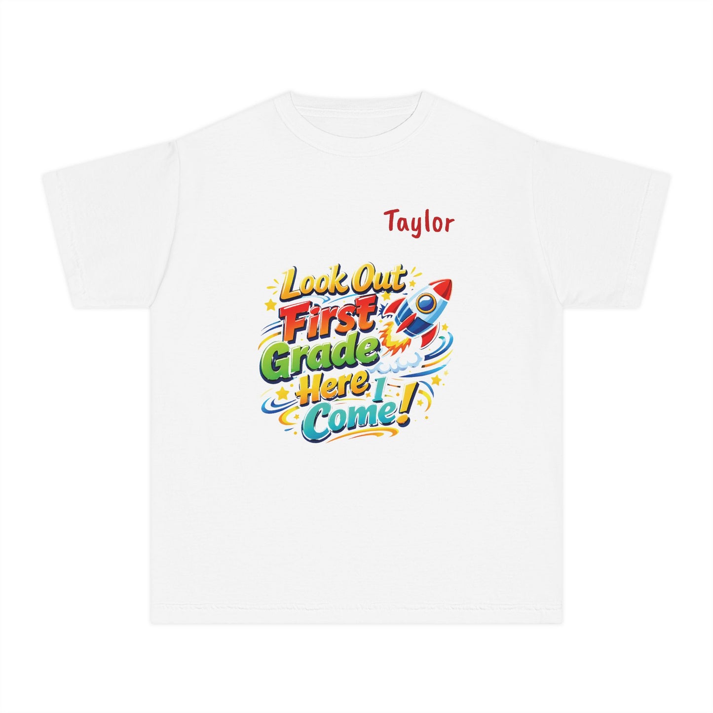 First Grade Here I Come Youth Tee | Rocket Back to School Shirt