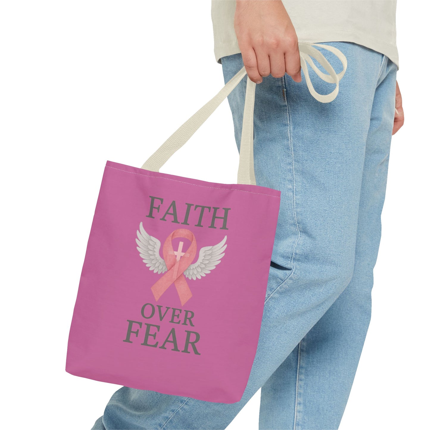 Faith Over Fear Tote Bag - Inspirational, Pink Ribbon, Breast Cancer Awareness, Motivational Gift, Everyday Use