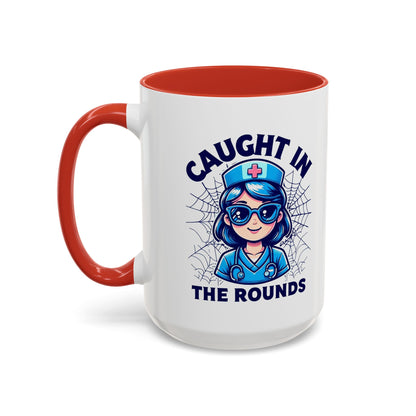 Nurse Coffee Mug, Cute Nursing Gift, Healthcare Appreciation, Fun Spider Design, Caught in the Rounds Mug