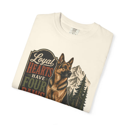 Loyal Hearts Have Four Paws German Shepherd T-shirt | Mountain Forest Dog Design