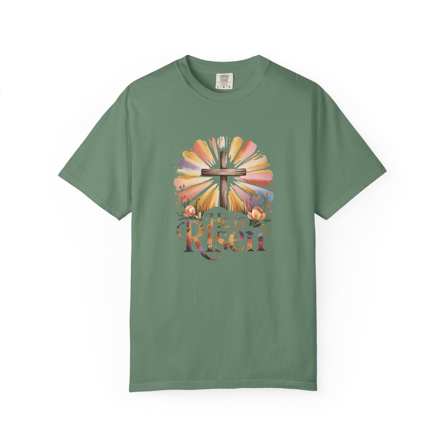 He Is Risen cross sunrise design T-Shirt | Easter faith floral