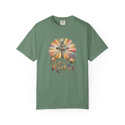 He Is Risen cross sunrise design T-Shirt | Easter faith floral