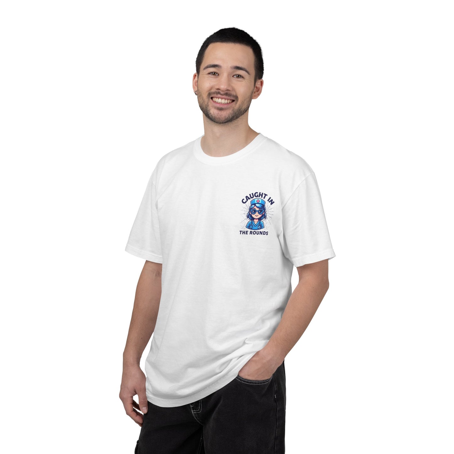 Unisex Graphic Tee - 'Caught in the Rounds', Casual Wear, Gift for Friends, Comfortable Everyday Tee, Fun Summer Shirt, Halloween Nurse