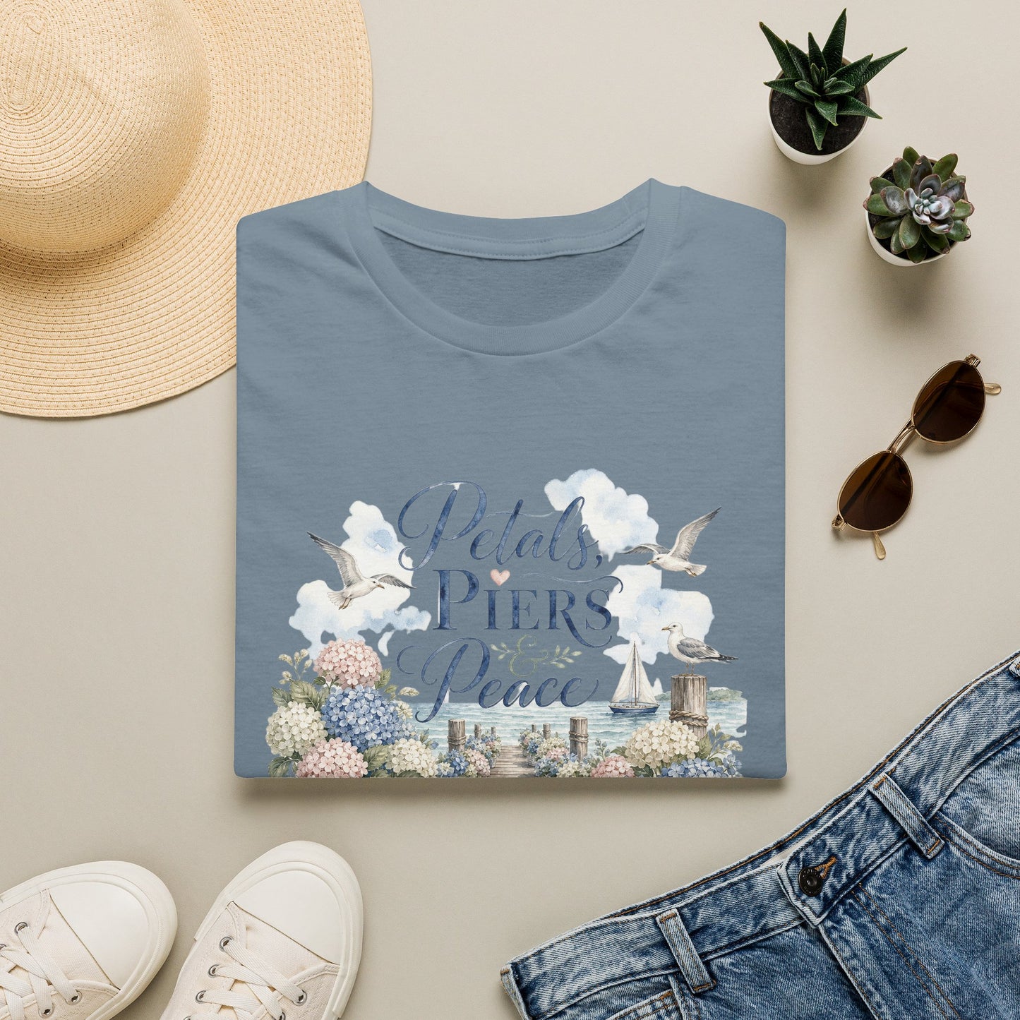 Petals Piers Peace T-Shirt | Coastal Lighthouse Floral Seagulls Design